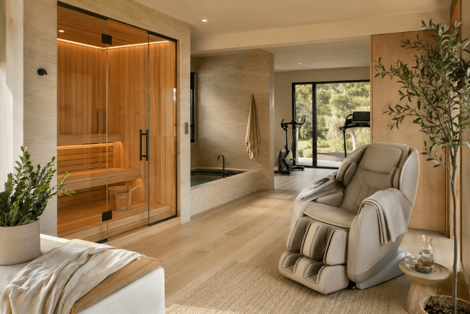 A home-gym-index home wellness room with a cedar sauna, cold plunge, massage chair and cardio equipment