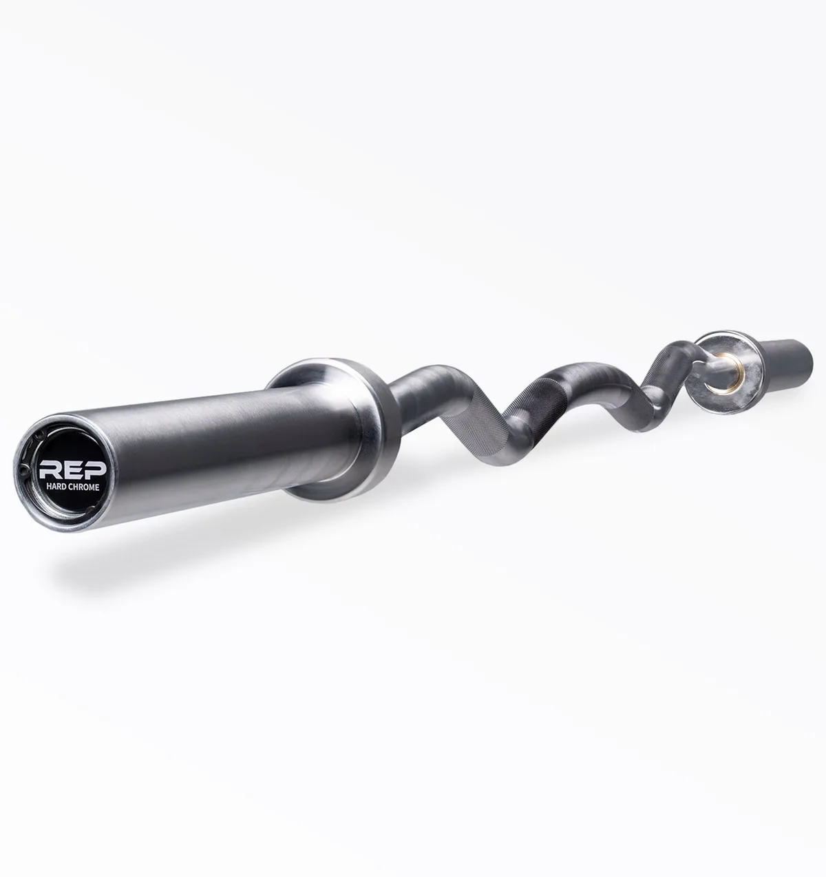 REP EZ curl bar with angled grip sections in hard chrome on a white background
